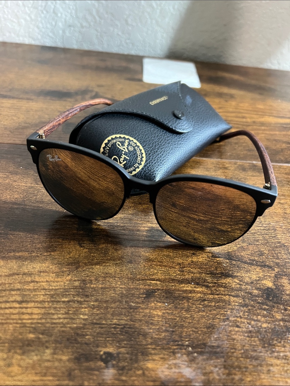 Ray-Ban Black Frame Sunglasses with Brown Lenses and Wood-Effect Temples